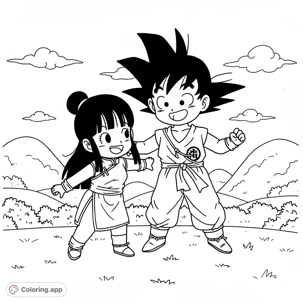 A delightful Goku and Chi-Chi coloring page featuring the iconic duo in a playful pose, perfect for fans of all ages to bring to life with color.