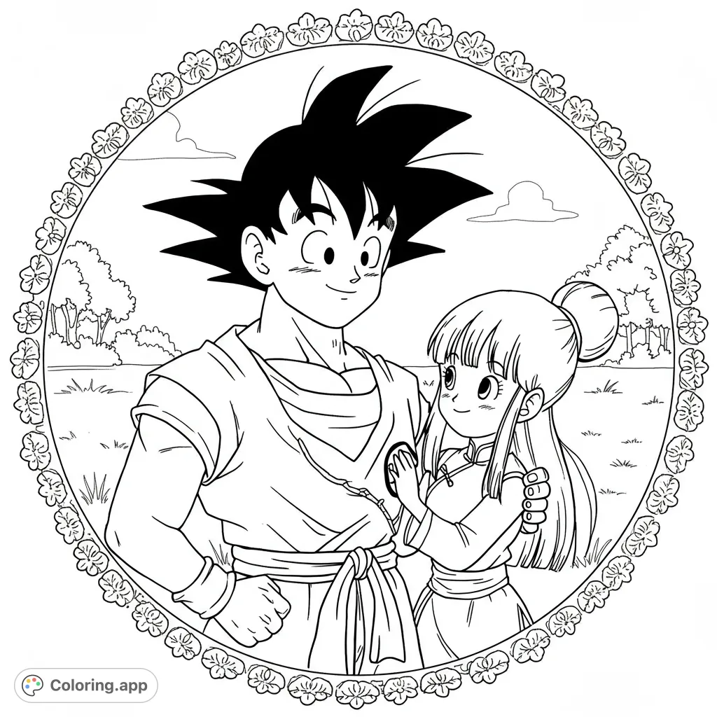 A heartwarming Goku and Chi-Chi coloring page, waist-up, framed by a floral border. Perfect for fans to color their favorite Dragon Ball couple.
