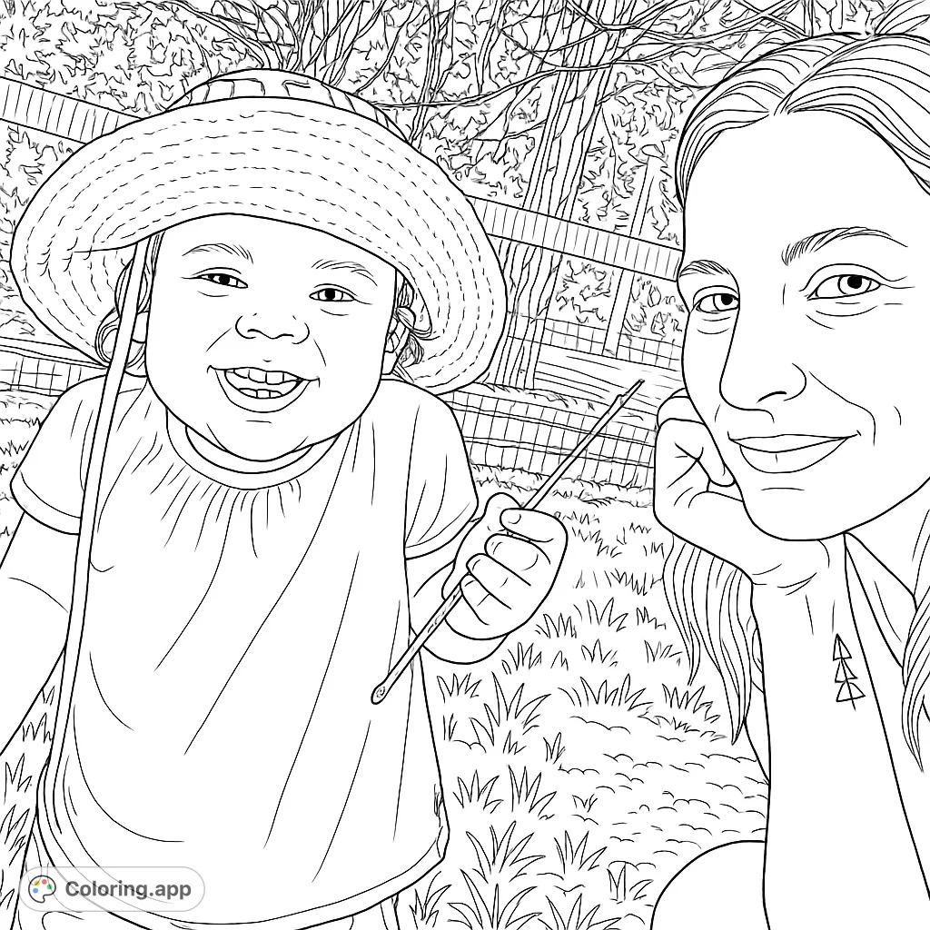 A heartwarming family outdoor coloring page featuring a smiling baby in a hat and an adult, perfect for a joyful coloring experience.