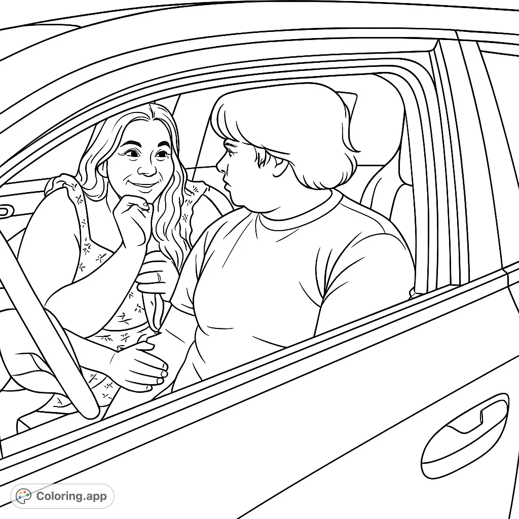 A heartwarming couple in a car, sharing a moment. Perfect for a romantic coloring page, featuring detailed car interior and expressive figures.