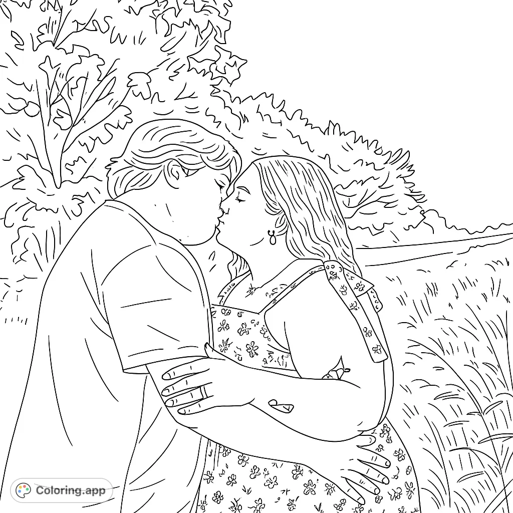 A tender moment captured: a couple shares a romantic kiss amidst a beautiful natural landscape, perfect for a love-themed coloring page.