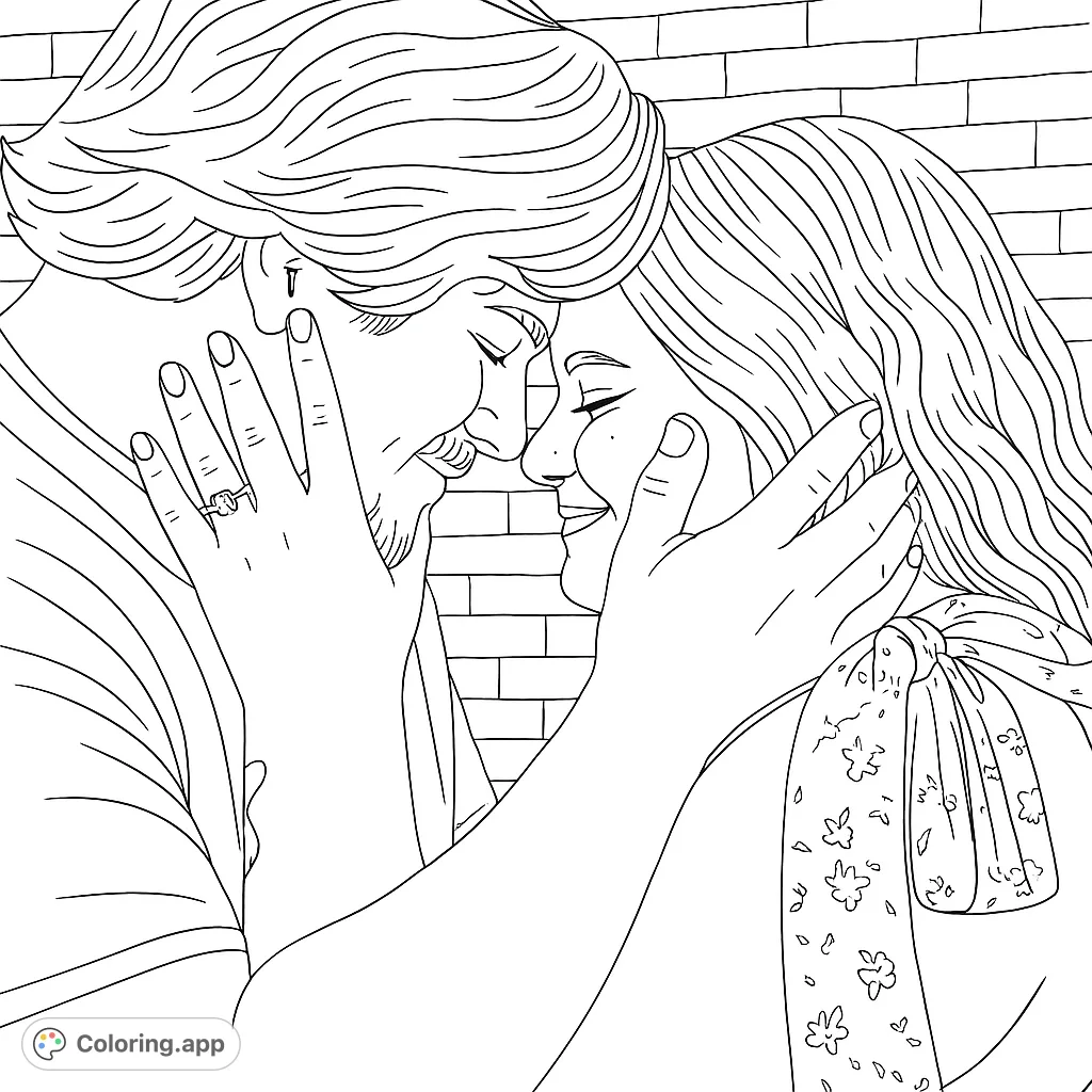 Capture a tender moment: two people in a close embrace, foreheads touching, with an engagement ring visible. Perfect for love-themed coloring.