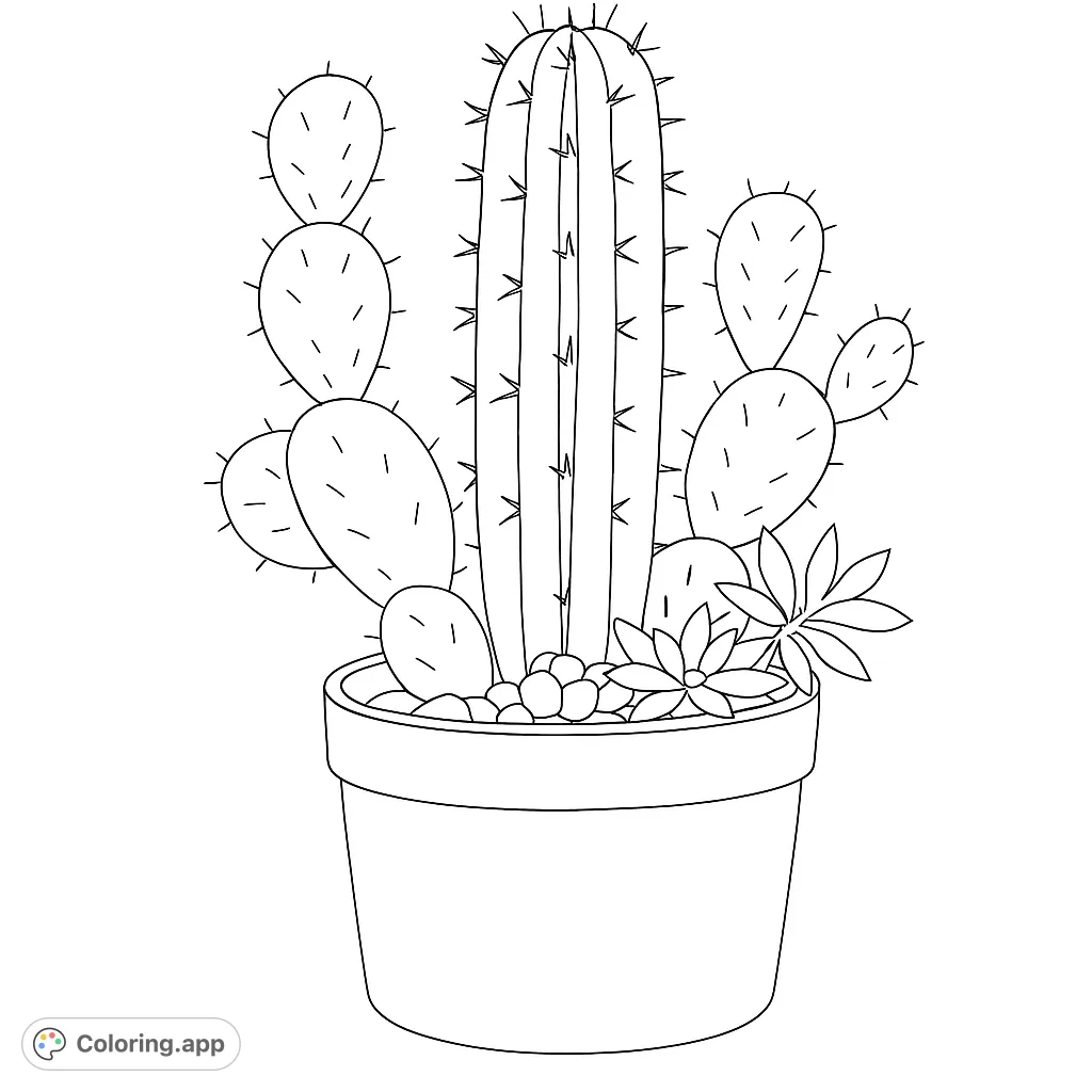 A charming potted arrangement featuring a tall columnar cactus, prickly pear cacti, and small succulents, perfect for a relaxing coloring experience.