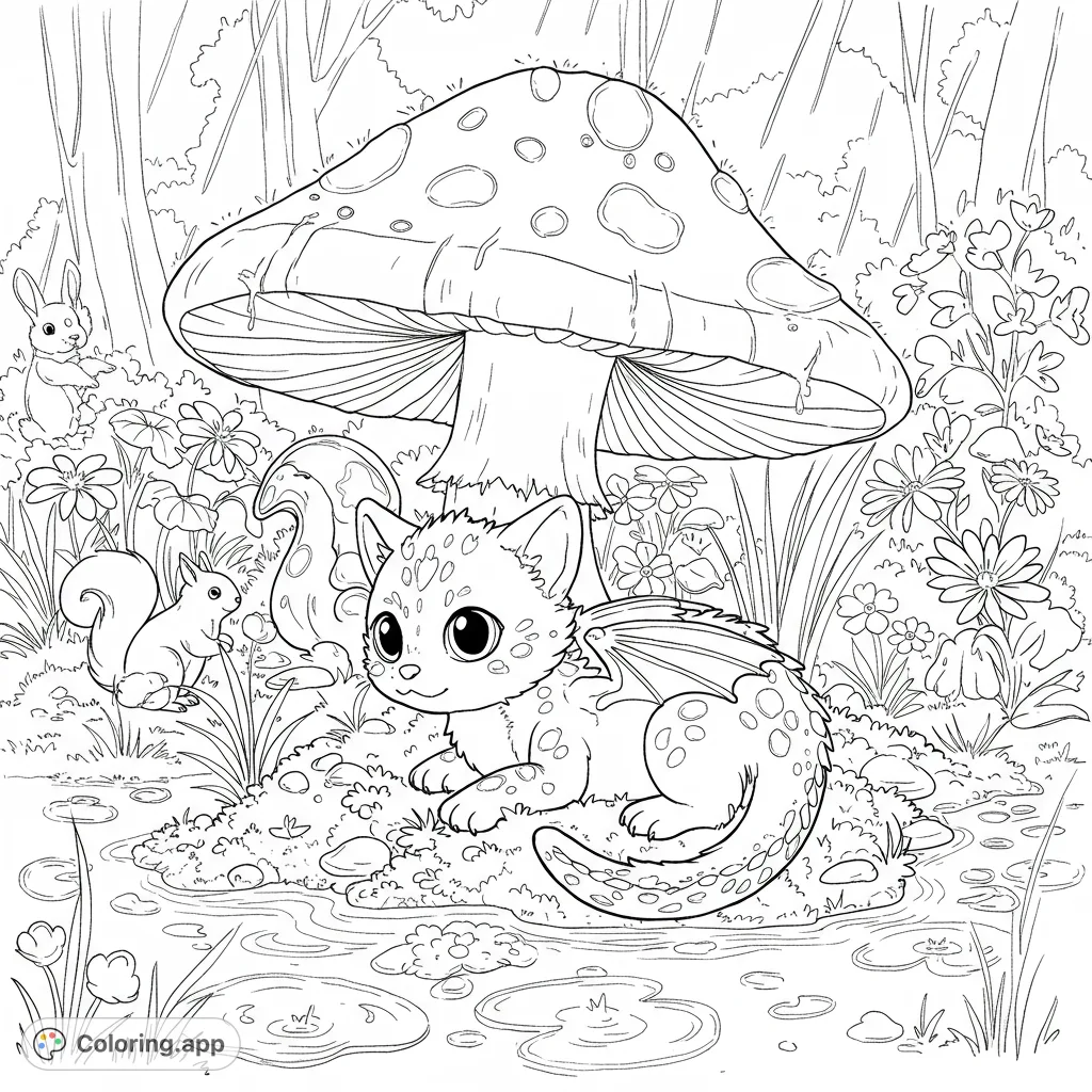 Discover a charming baby dragon nestled under a giant mushroom in a mystical woodland. A free printable baby dragon coloring page for all ages!