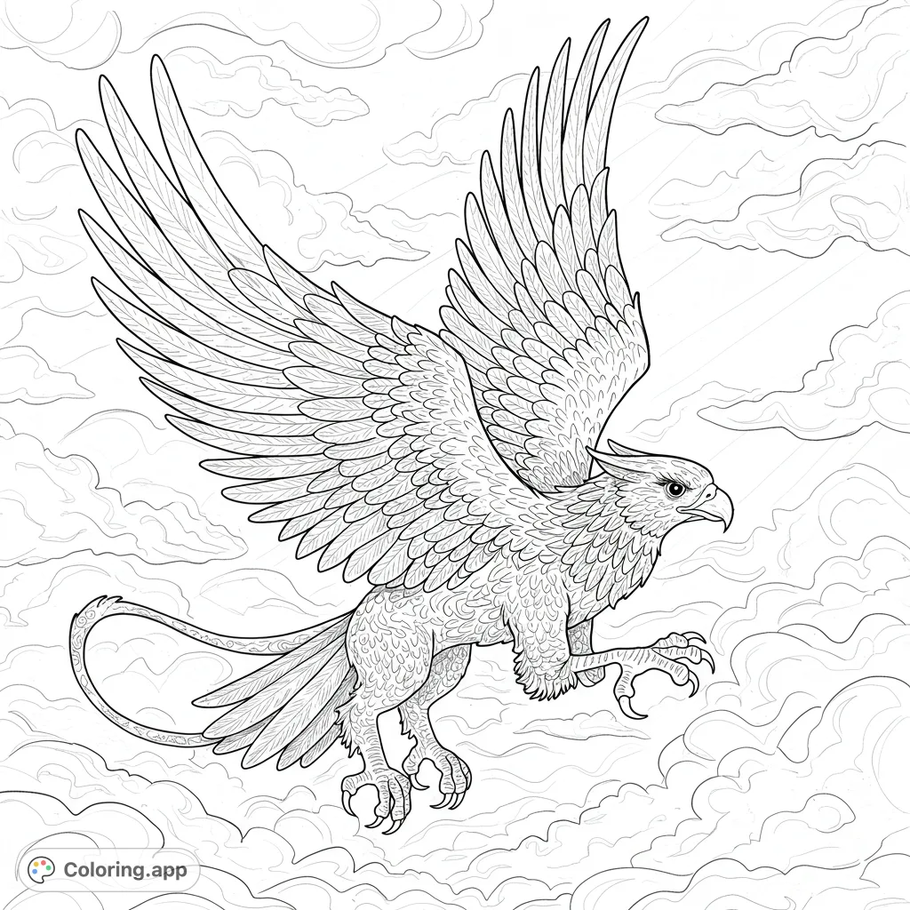 A majestic griffin soars above swirling clouds in a pure black and white line drawing, perfect for a captivating griffin coloring page adventure.