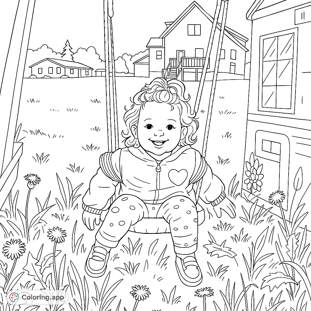 A delightful child on a swing, surrounded by a grassy yard and distant houses. Perfect for young artists to explore creativity and fine motor skills.