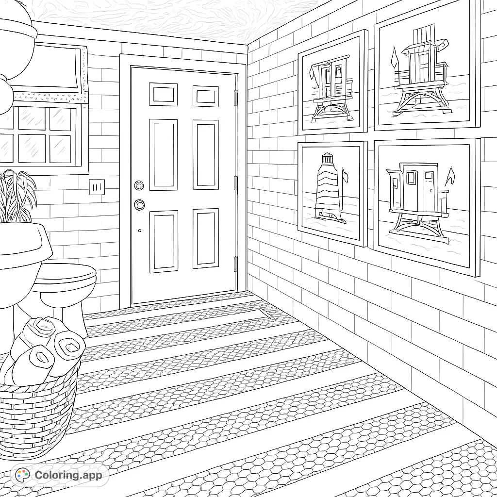 Explore a detailed bathroom interior featuring striped penny tiles, patterned ceiling, and framed beach scenes. Perfect for a relaxing coloring experience.