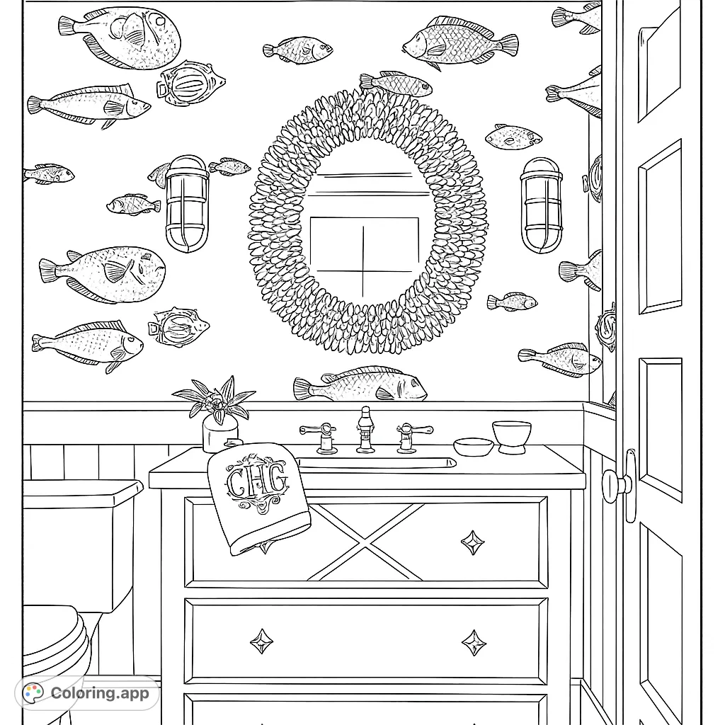 Dive into a unique coastal-themed room featuring diverse fish patterns, a textured coral mirror, and elegant vanity. Perfect for ocean lovers!