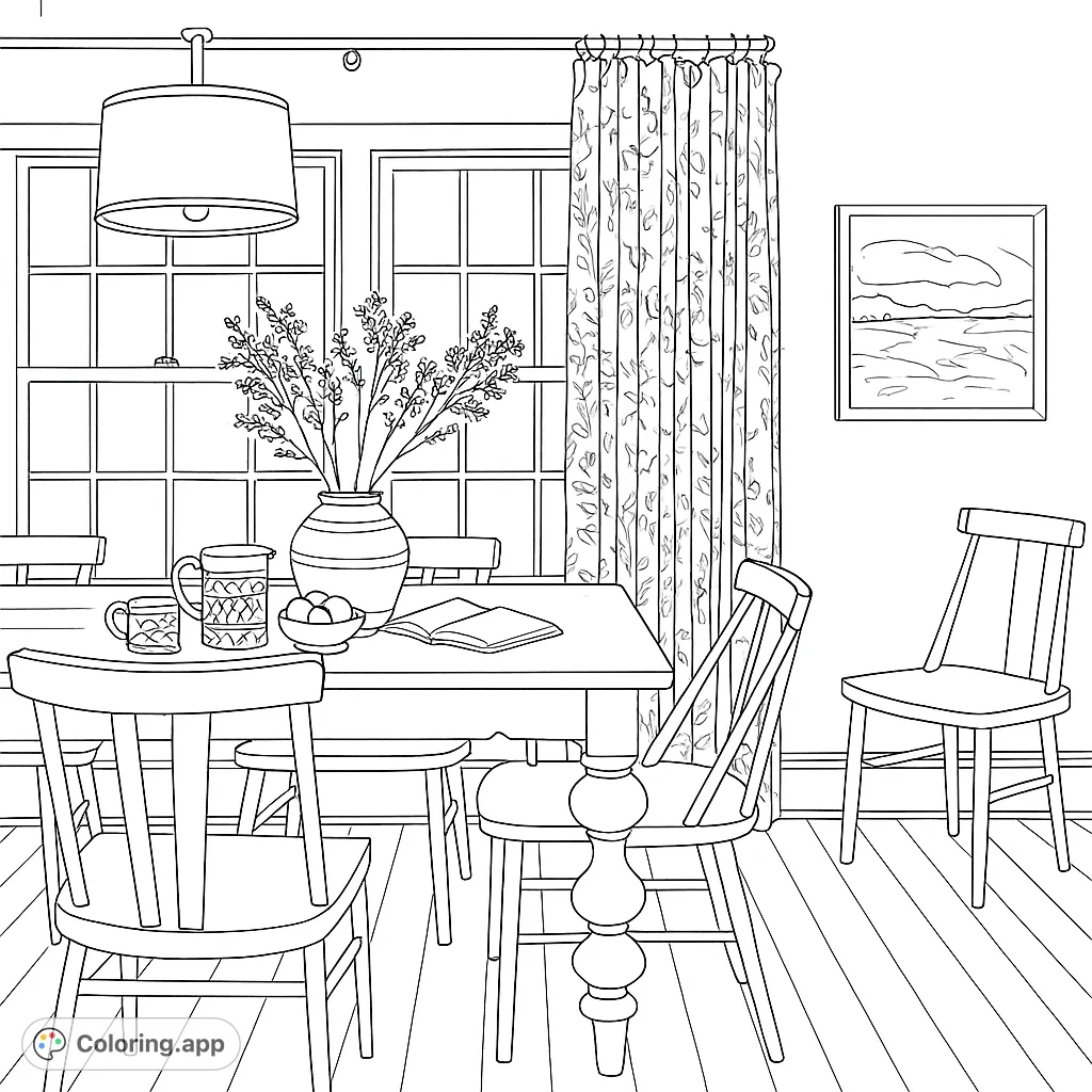 Step into a charming dining room scene, perfect for adding your personal touch. Features a detailed table setting, patterned curtains, and inviting furniture.