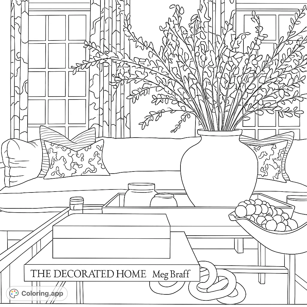 A detailed living room scene featuring a plush sofa, a coffee table with decorative objects, and patterned curtains, perfect for creative coloring.
