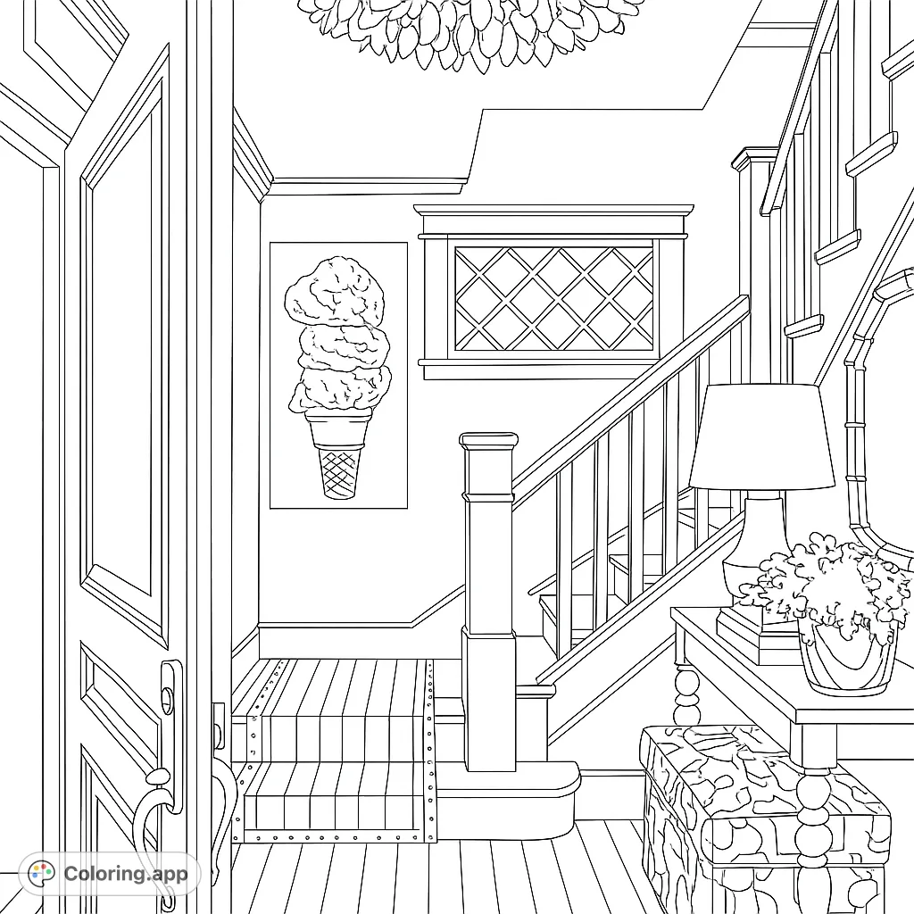 Explore a charming eclectic entryway with a grand staircase, unique decor, and a fun ice cream art piece. A detailed interior scene for creative coloring.