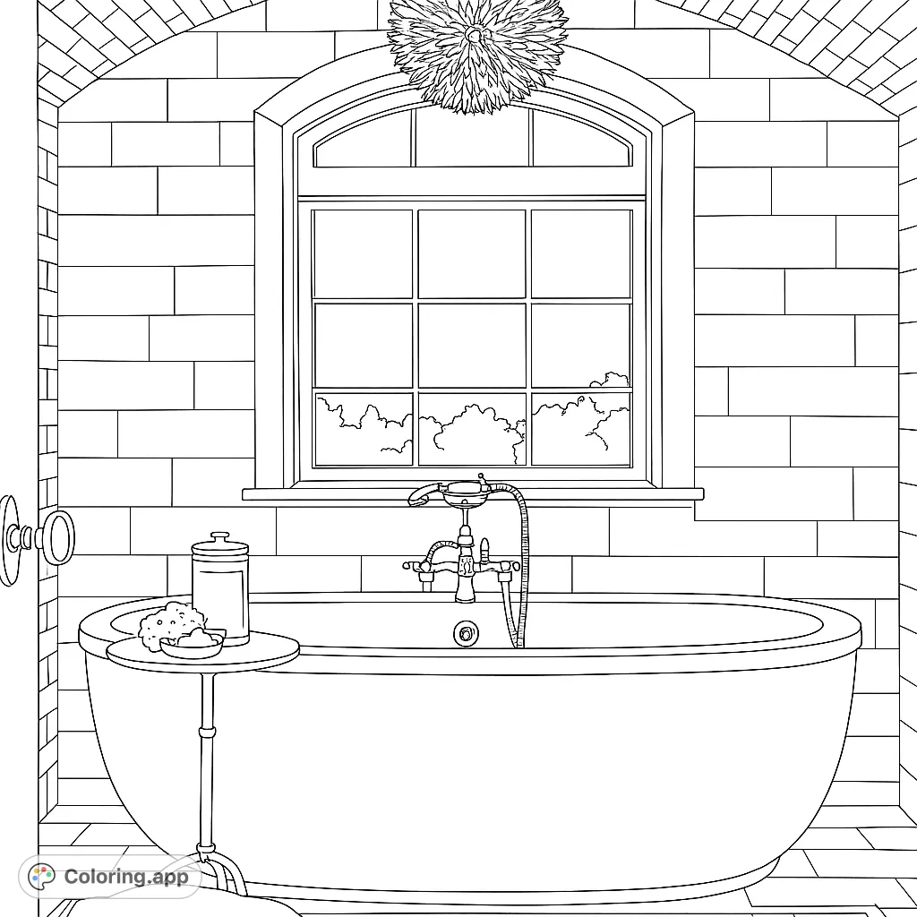 An elegant bathroom scene featuring a freestanding tub, arched window, and ornate chandelier, perfect for a relaxing coloring escape.