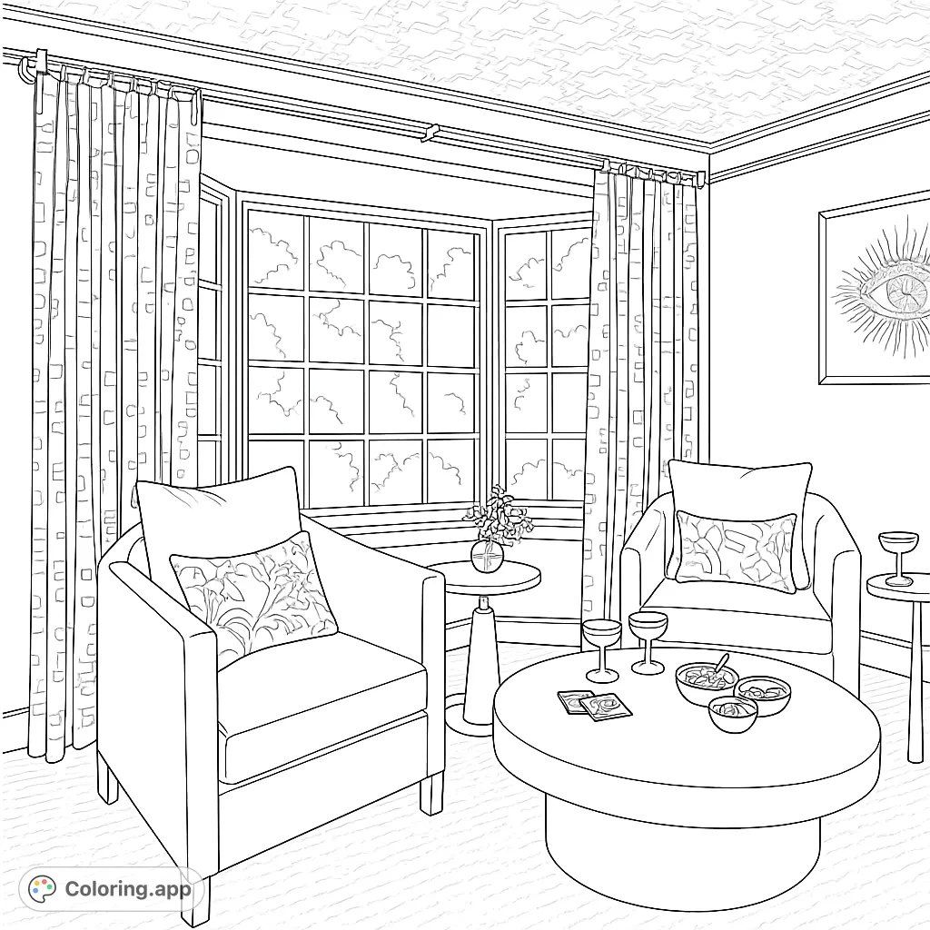 Step into a sophisticated living room with plush armchairs, a grand bay window, and intricate decor. A perfect scene for relaxation and creative coloring.