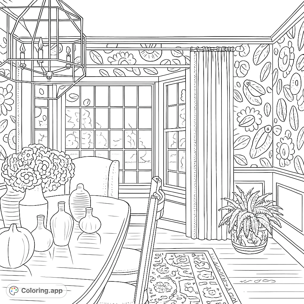 Step into an elegant dining room with a beautiful bay window, intricate chandelier, and charming decor. A detailed scene perfect for creative coloring.
