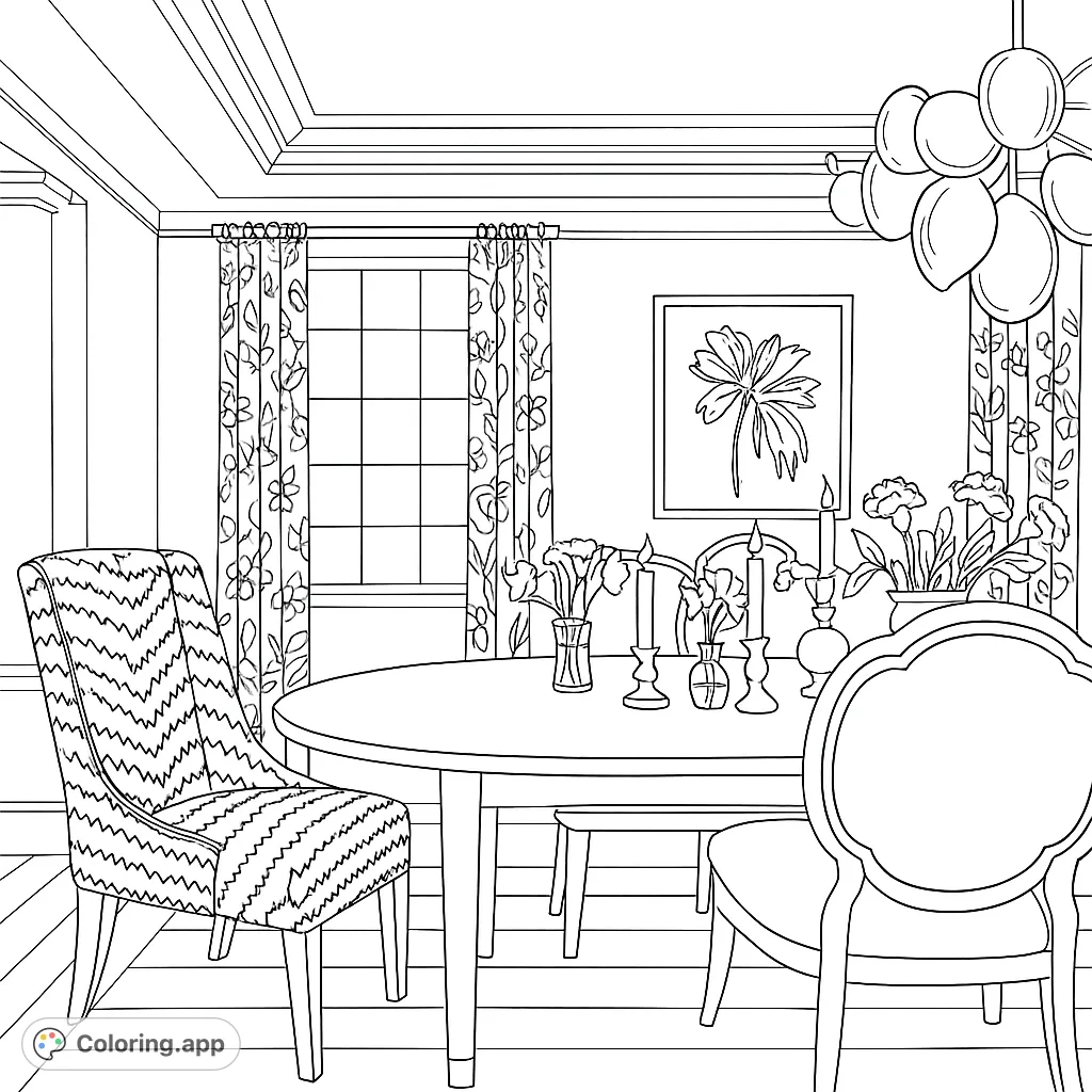 An elegant dining room coloring page featuring a round table, patterned chairs, floral decor, and a detailed chandelier, perfect for interior design enthusiasts.