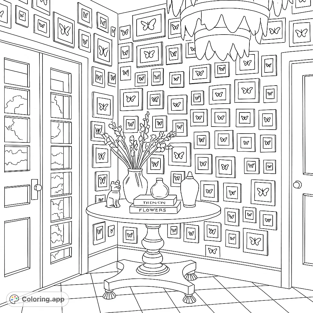 Step into an elegant entryway featuring a round table, a stunning chandelier, and walls covered in framed butterflies. A detailed interior design coloring page.