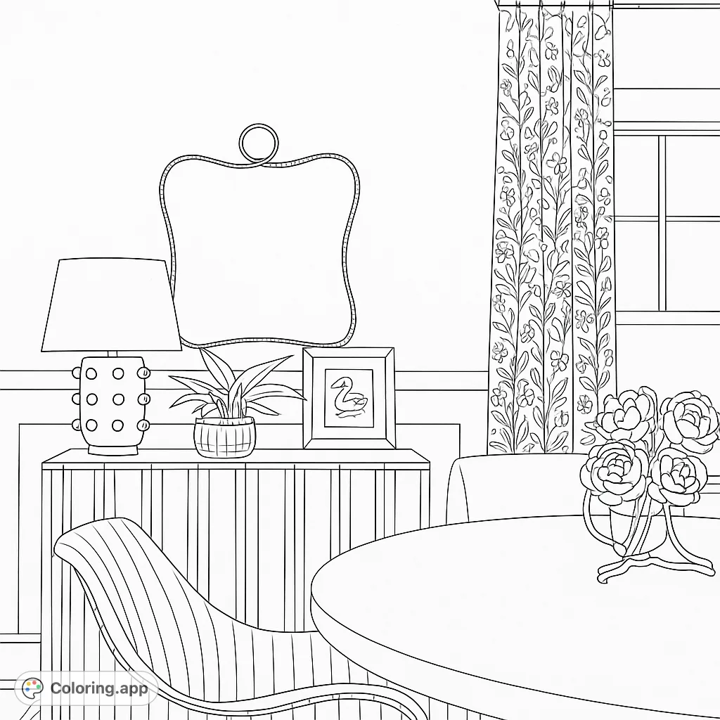 An elegant interior scene featuring a stylish dining area with a round table, unique credenza, decorative lamp, and patterned curtains, perfect for detailed coloring.