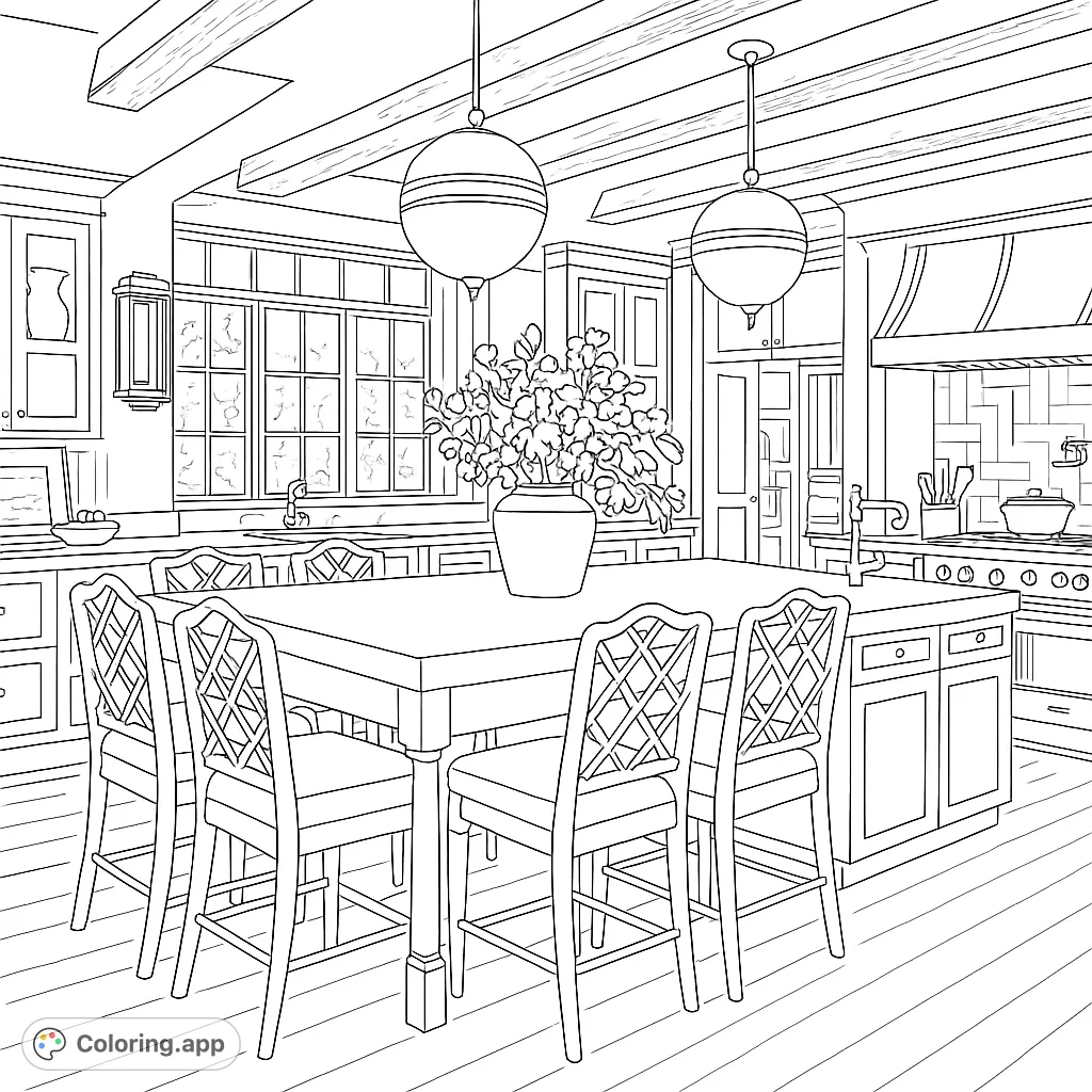 Color a beautiful, detailed kitchen scene featuring a grand island, intricate chairs, and a lovely floral centerpiece, perfect for a relaxing creative escape.