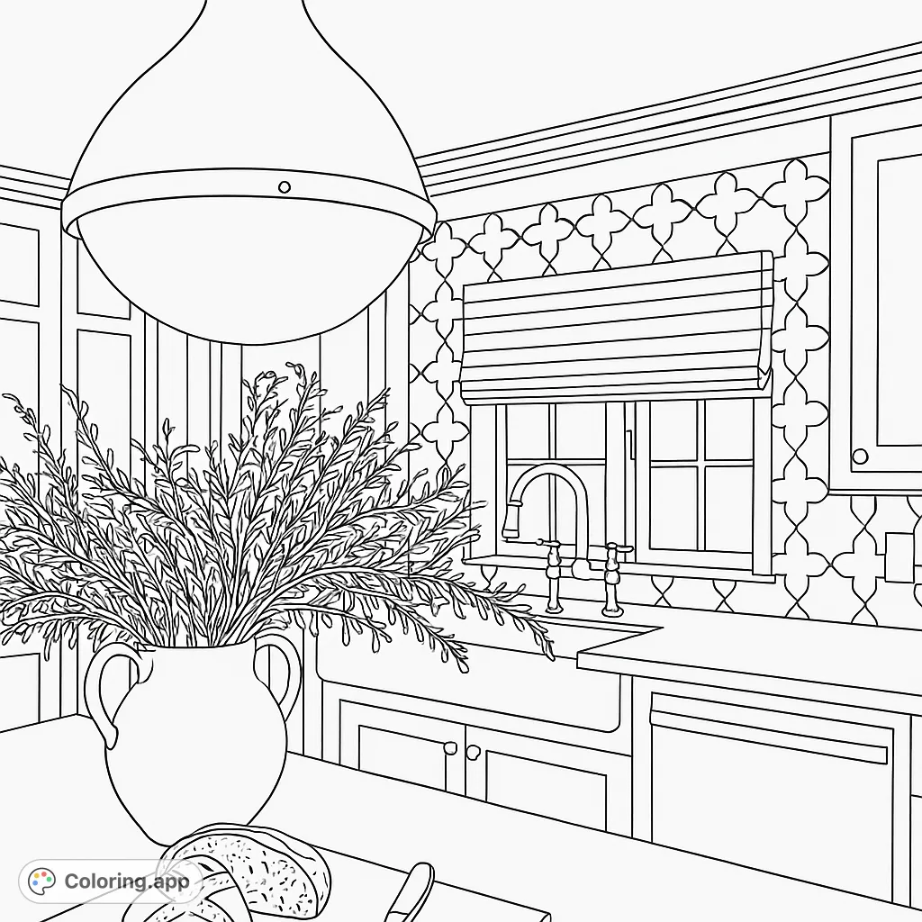 Explore a modern kitchen scene featuring a stylish pendant light, fresh foliage, and a rustic bread display. A detailed backdrop of patterned tiles and a window adds charm.