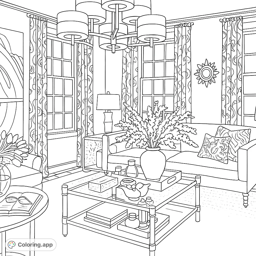 Explore an elegant living room with plush furniture, intricate patterns, and decorative accents. A detailed interior design coloring page for relaxation.