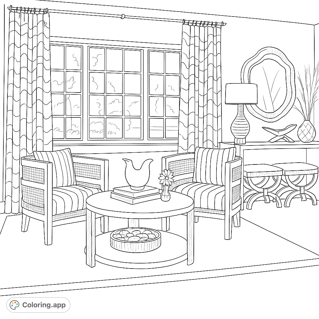 An elegant living room with stylish furniture, a large window, and decorative accents, perfect for a relaxing coloring experience.