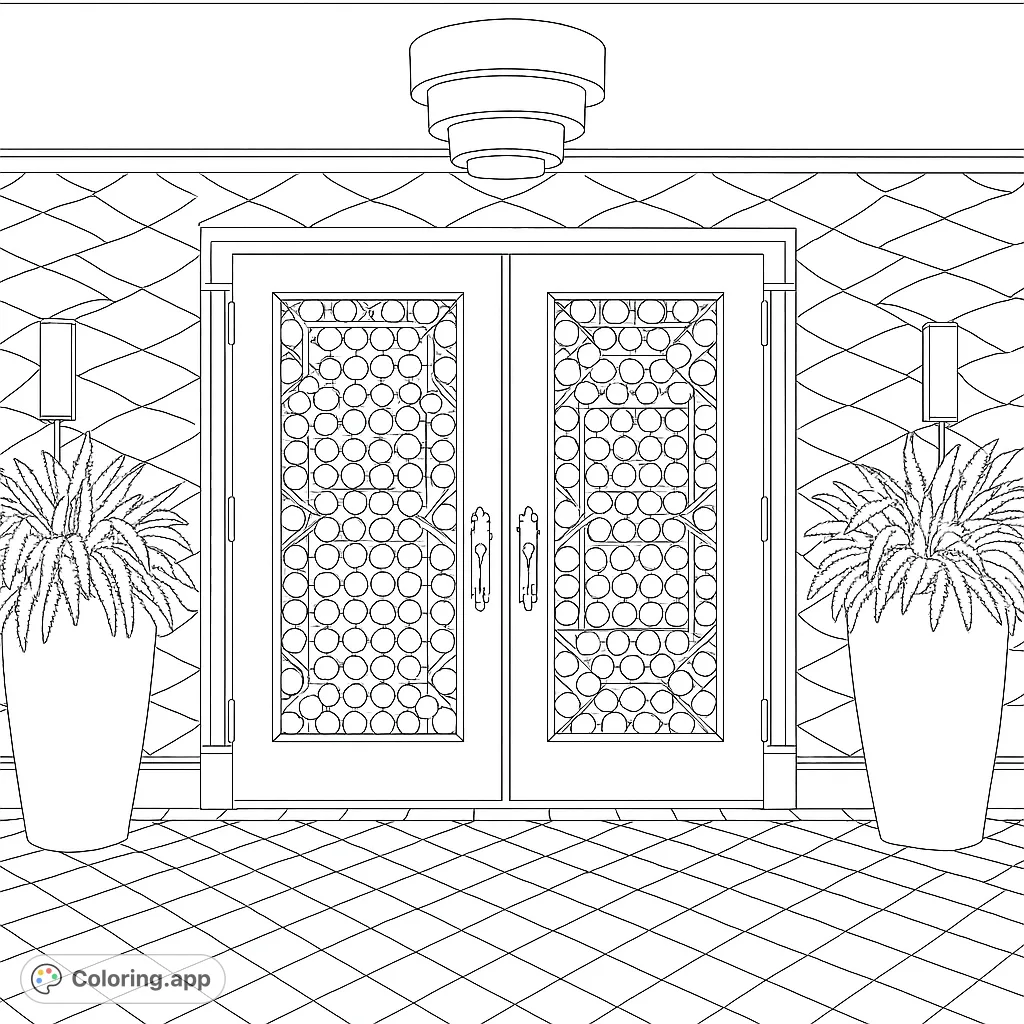 Explore a grand entryway with intricate patterned doors, lush plants, and unique wall designs. A sophisticated coloring experience.