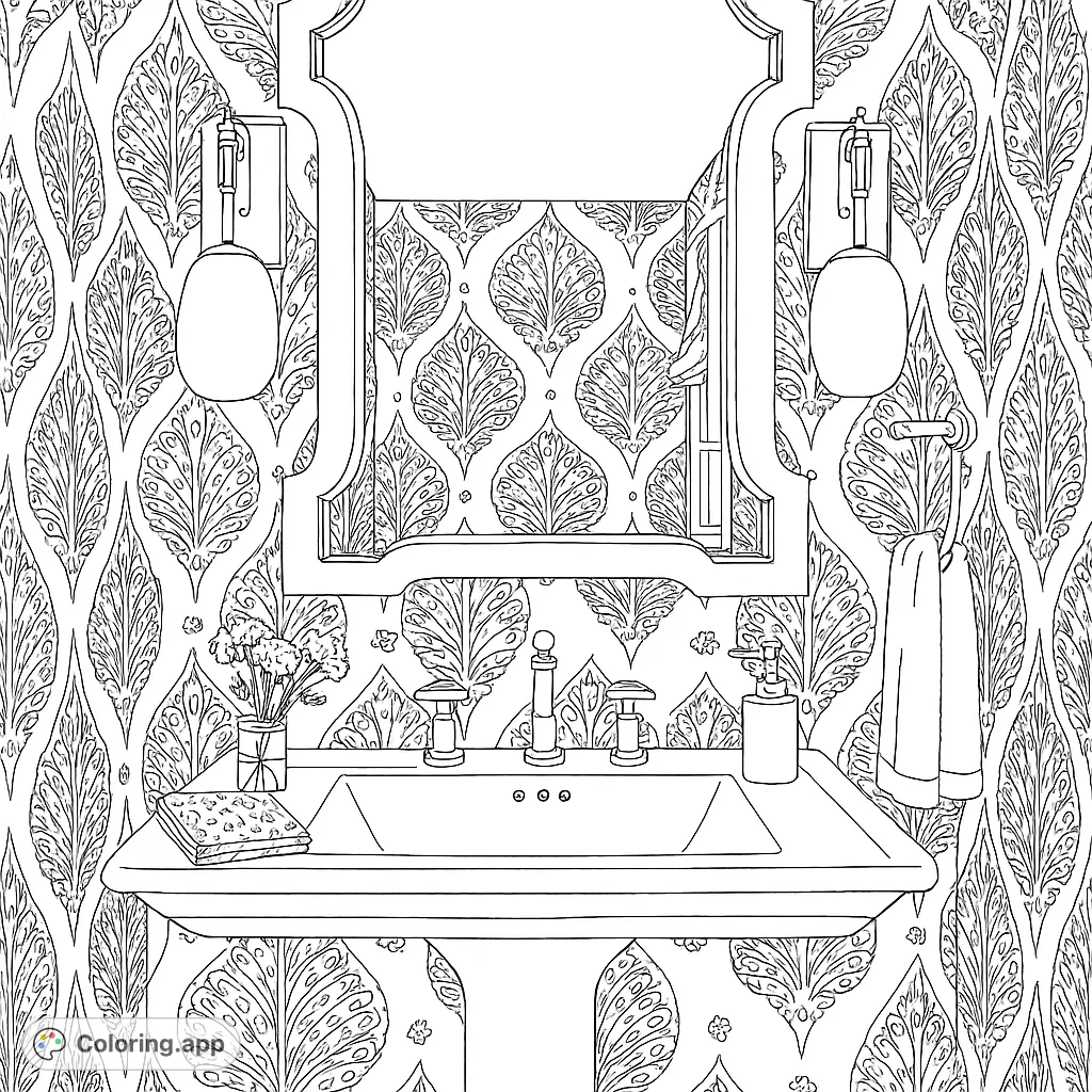 Step into an elegant powder room featuring a detailed pedestal sink, ornate mirror, and intricate patterned wallpaper. A sophisticated interior design coloring page.