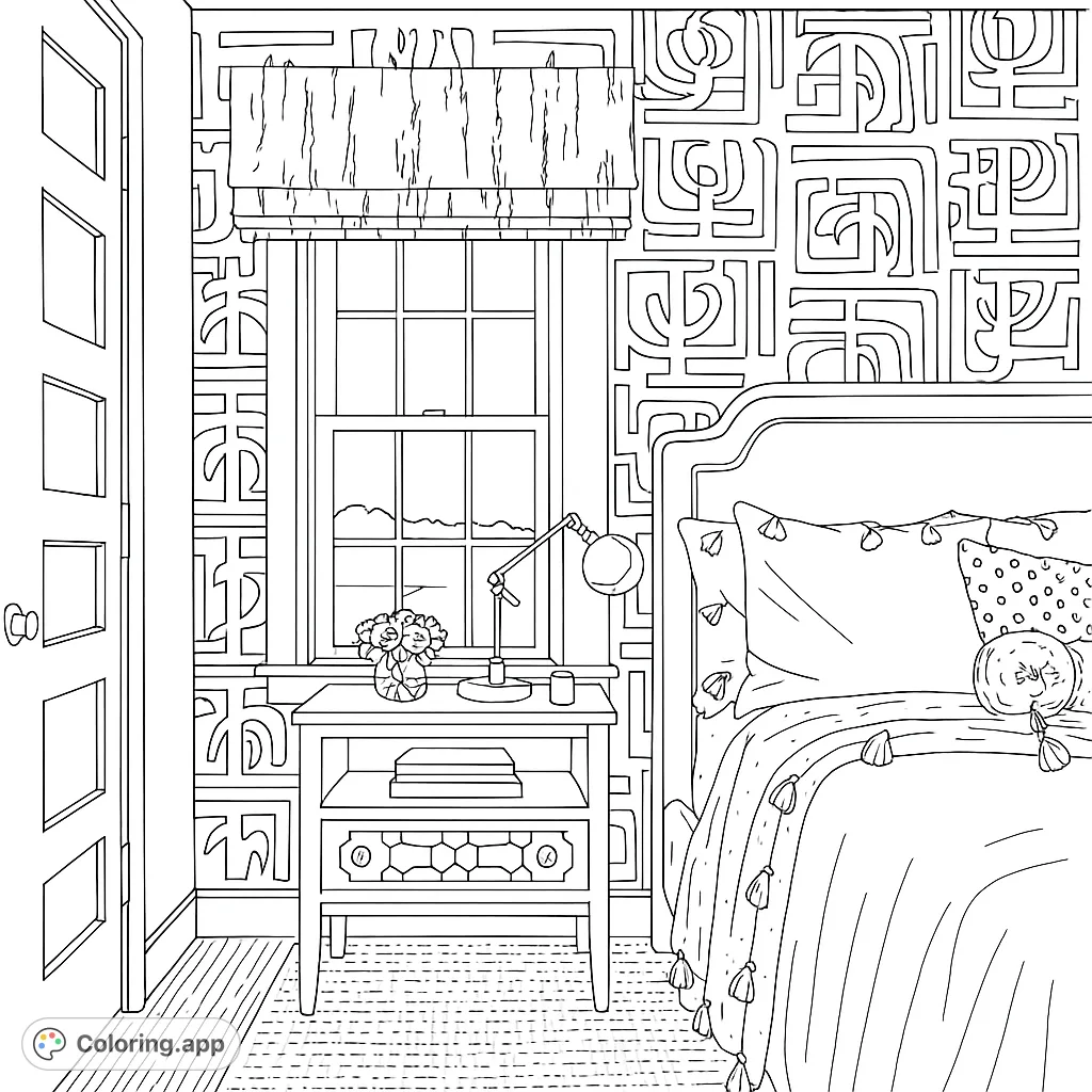 Cozy bedroom scene with a patterned wall, stylish bed, and nightstand. Features a window, flowers, and unique textures for creative coloring.