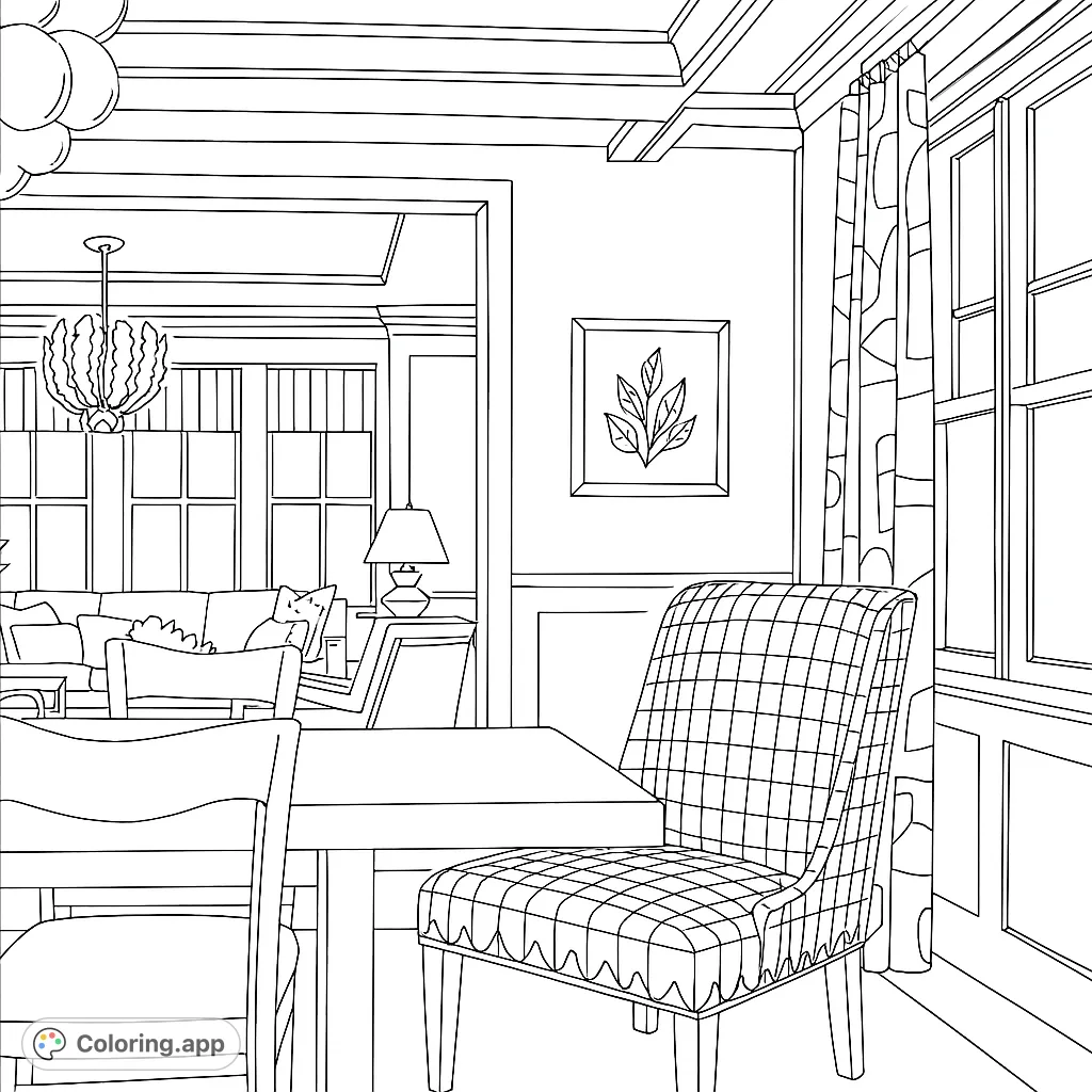 Explore a stylish home interior featuring a detailed dining area with unique chairs, a botanical print, and abstract curtains, perfect for home decor enthusiasts.