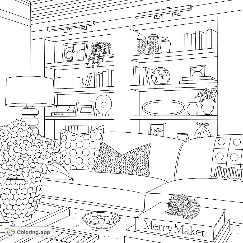 Explore a detailed living room with a cozy sofa, intricate bookshelves, and floral accents. A perfect free printable coloring page for adults.