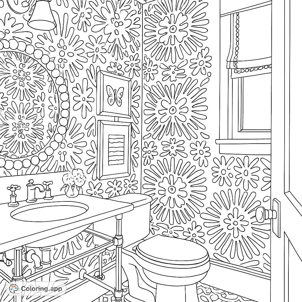 A stylish powder room featuring bold patterned walls, a classic sink, and decorative elements. This free printable interior design coloring page is perfect for creative expression.