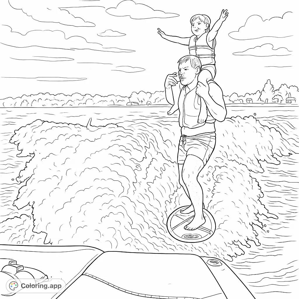 Exciting wakesurfing scene with a man and child on his shoulders, riding a big wave. Perfect for a fun summer water sports coloring page.
