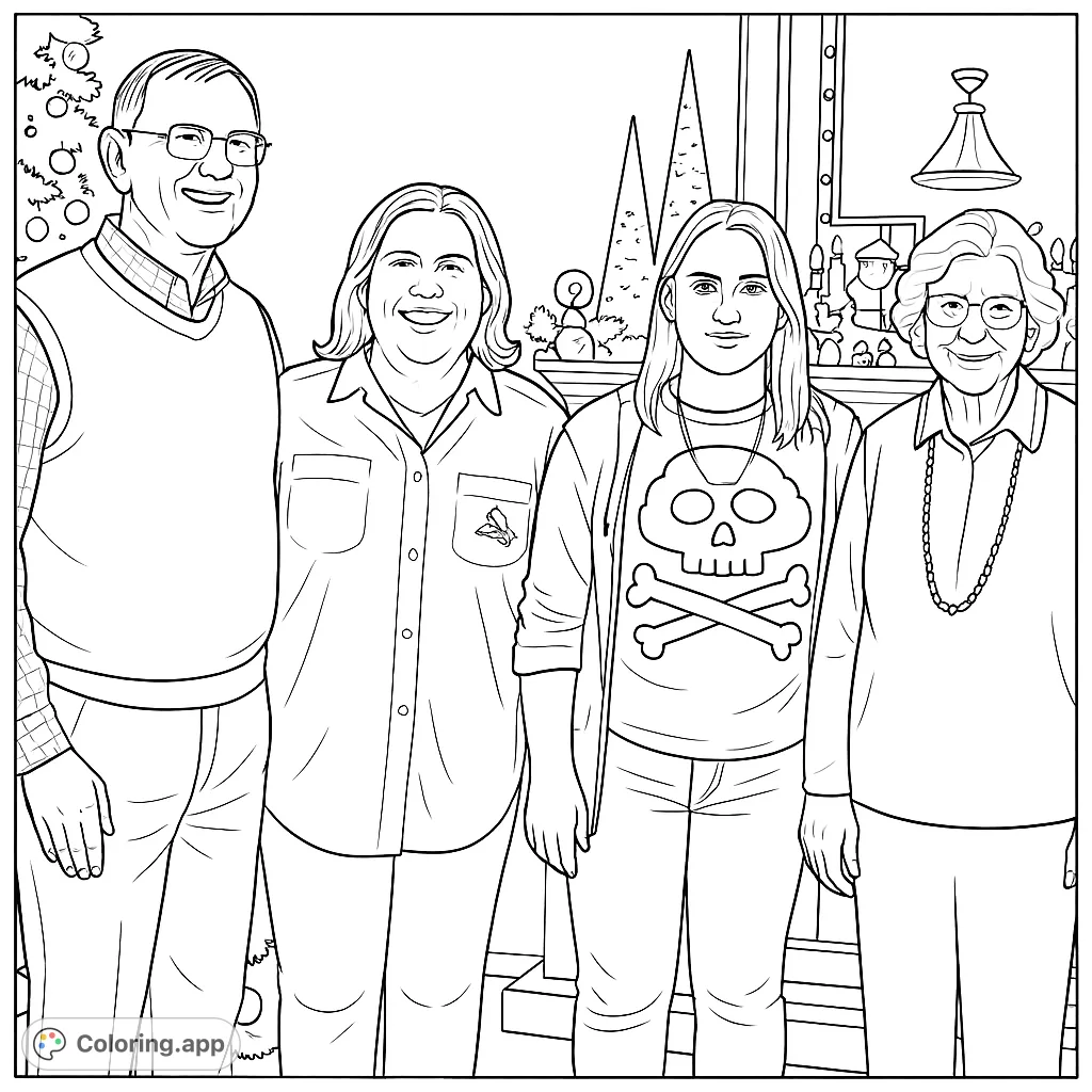 Capture a heartwarming family holiday gathering with this detailed coloring page featuring four individuals, a festive tree, and a decorated mantel.