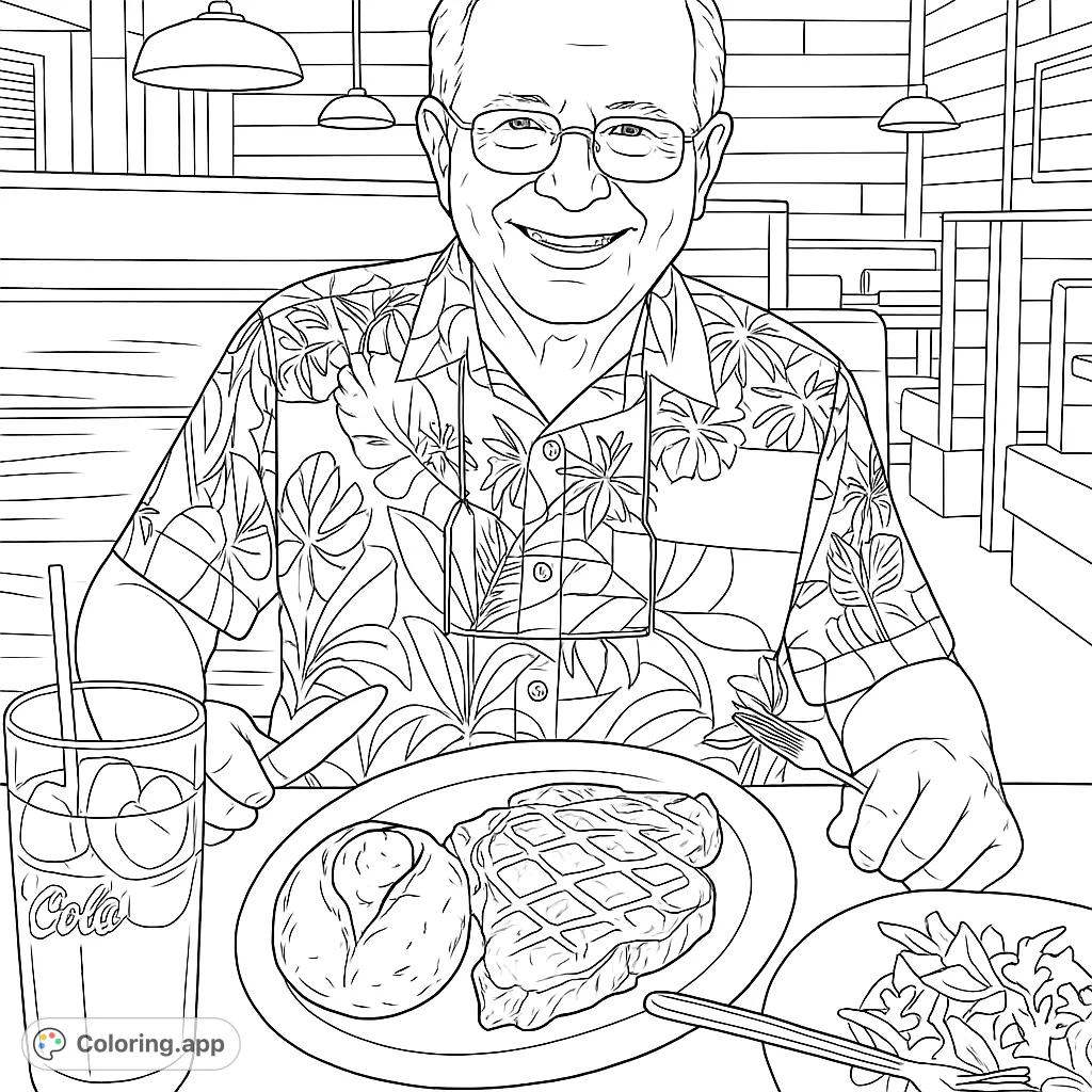 A smiling man enjoys a hearty meal at a restaurant, featuring steak, a baked potato, and a refreshing drink. Perfect for a relaxing coloring session.