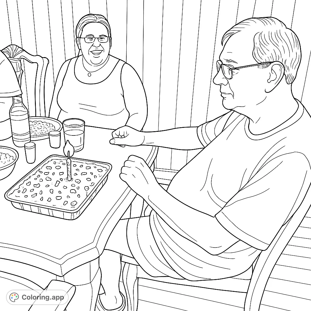 Capture a joyful family celebration with a man, woman, and a dessert adorned with candles, perfect for a heartwarming coloring experience.