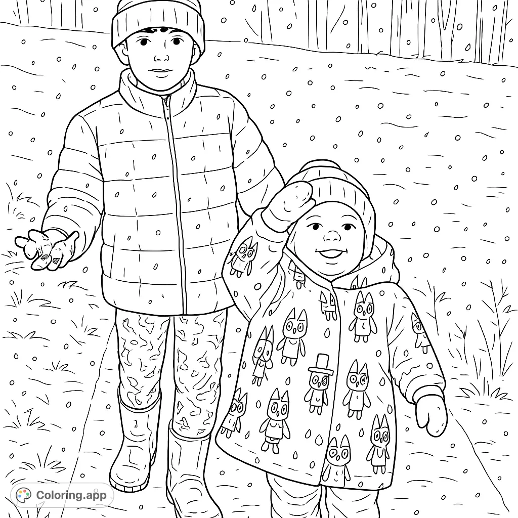 Capture the joy of a snowy winter day with two children exploring a frosty path. Perfect for a cozy coloring session.