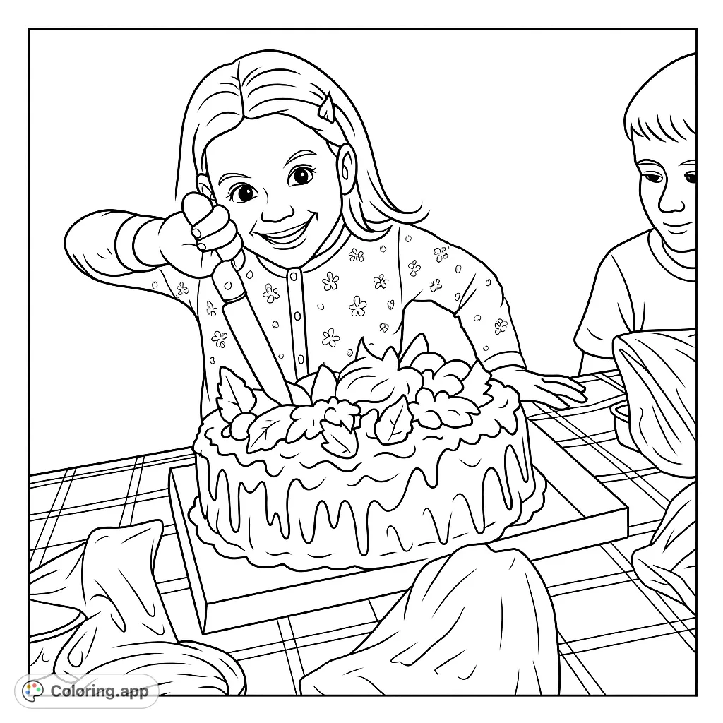 A joyful girl cutting a festive birthday cake with a knife, surrounded by celebration details. Perfect for a fun coloring activity!