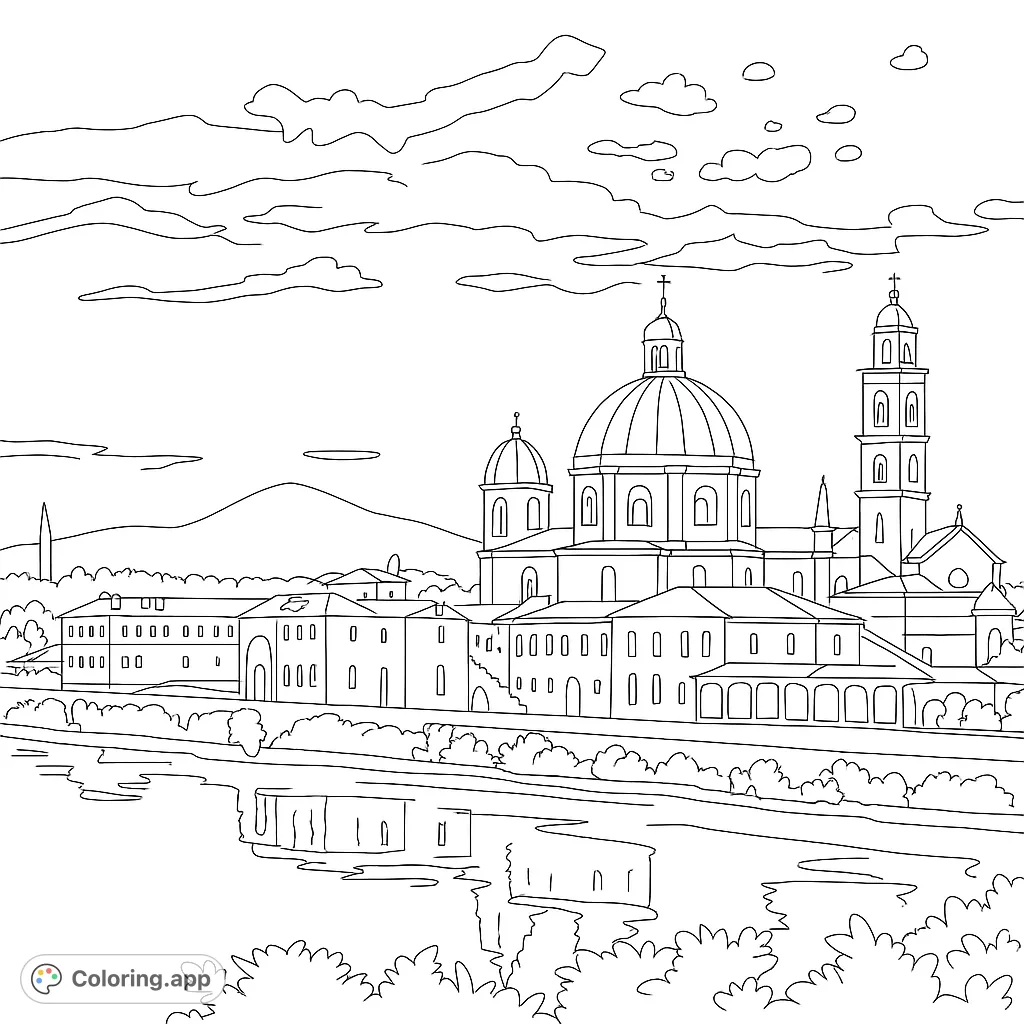 Explore a majestic European cityscape with a grand cathedral, bell tower, and charming buildings reflected in a serene river. Perfect for detailed coloring!