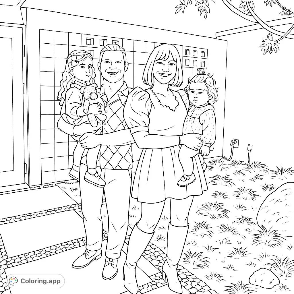 A heartwarming family portrait featuring two adults and two children outdoors, ideal for a free printable family coloring page, capturing a special moment.