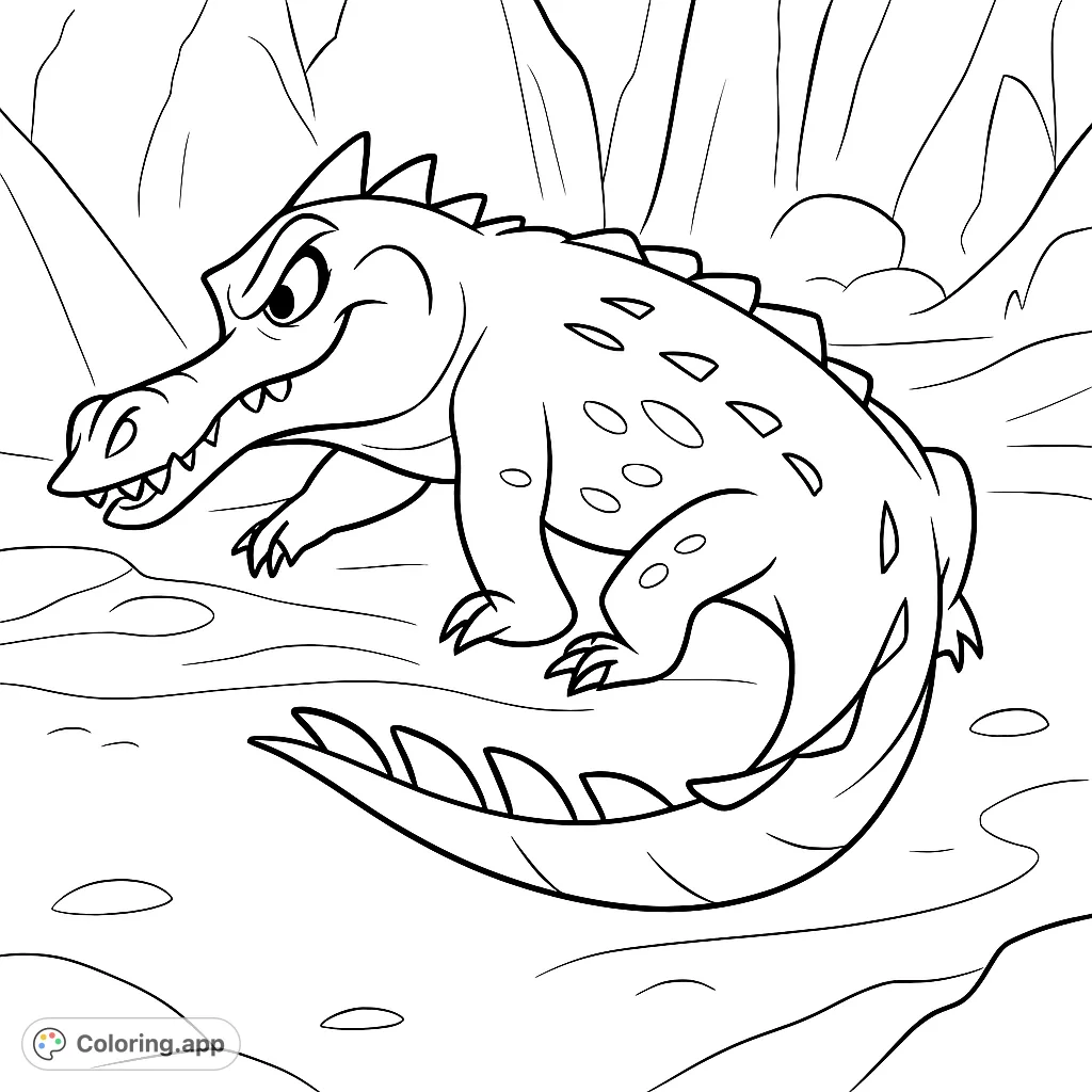 A fun cartoon reptile creature with a spiky back and long tail, ready for a creative splash of color in a rocky landscape.