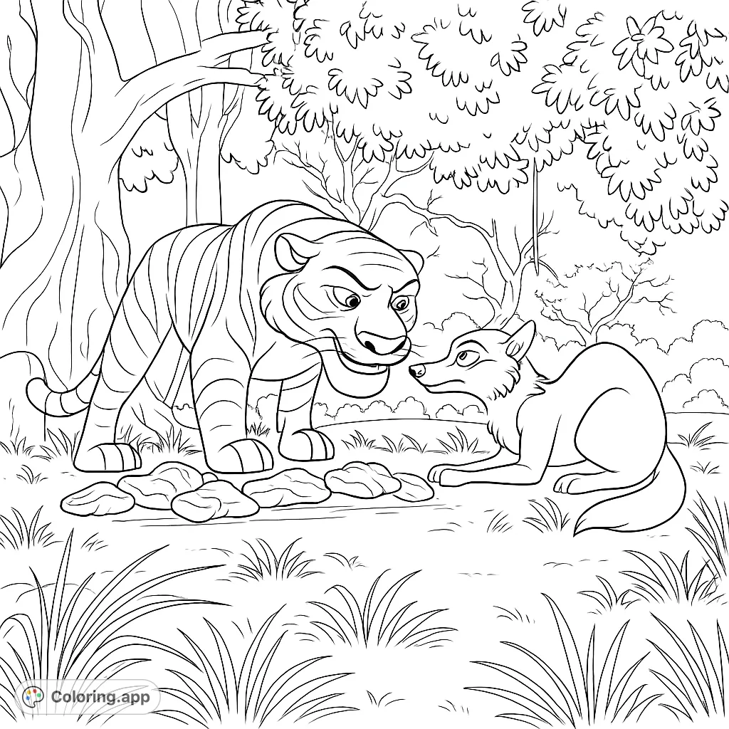 A dramatic jungle scene featuring a powerful striped feline confronting a fox-like creature over a pile of raw meat. Perfect for animal lovers.