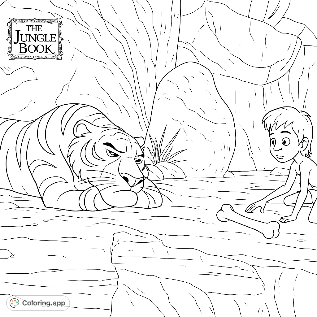 An exciting jungle scene featuring a powerful striped feline and a curious human character, with a bone between them. Perfect for adventure coloring!