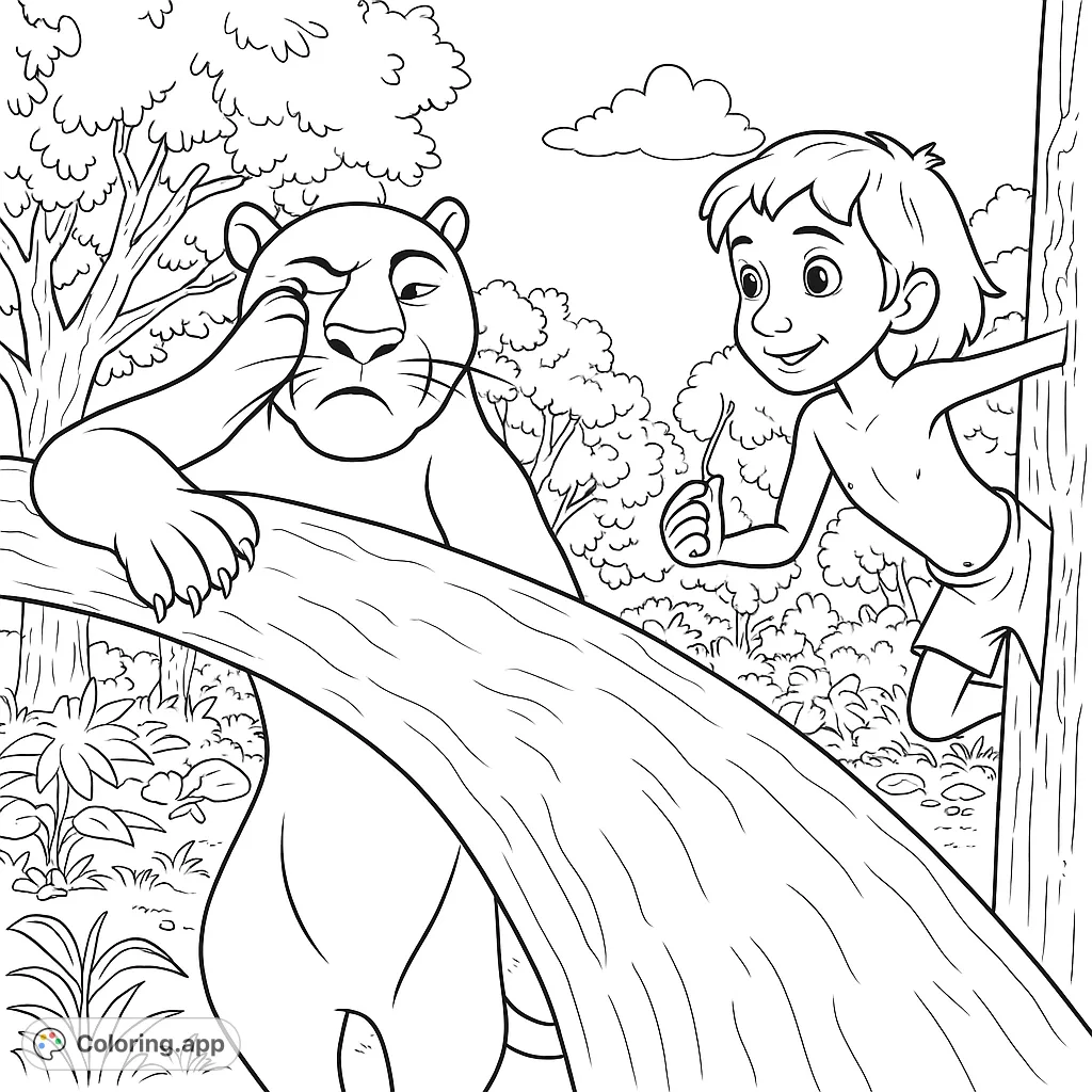 An engaging jungle scene featuring a large feline and a young boy on a tree branch. Perfect for a jungle adventure coloring page.