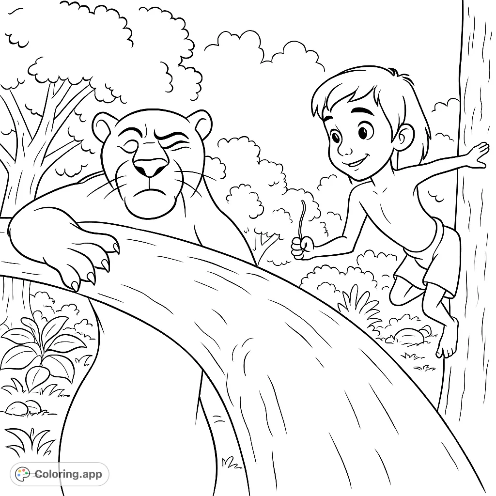 Explore a vibrant jungle scene featuring a large feline and a young boy on a tree branch, perfect for a fun and imaginative coloring adventure.