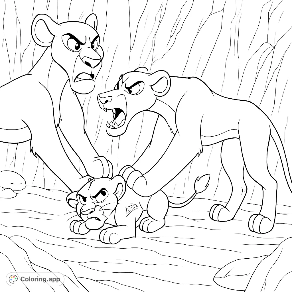 A dramatic lioness confrontation over a cub in a rocky den. Capture the intensity of the wild with this fierce animal coloring page.