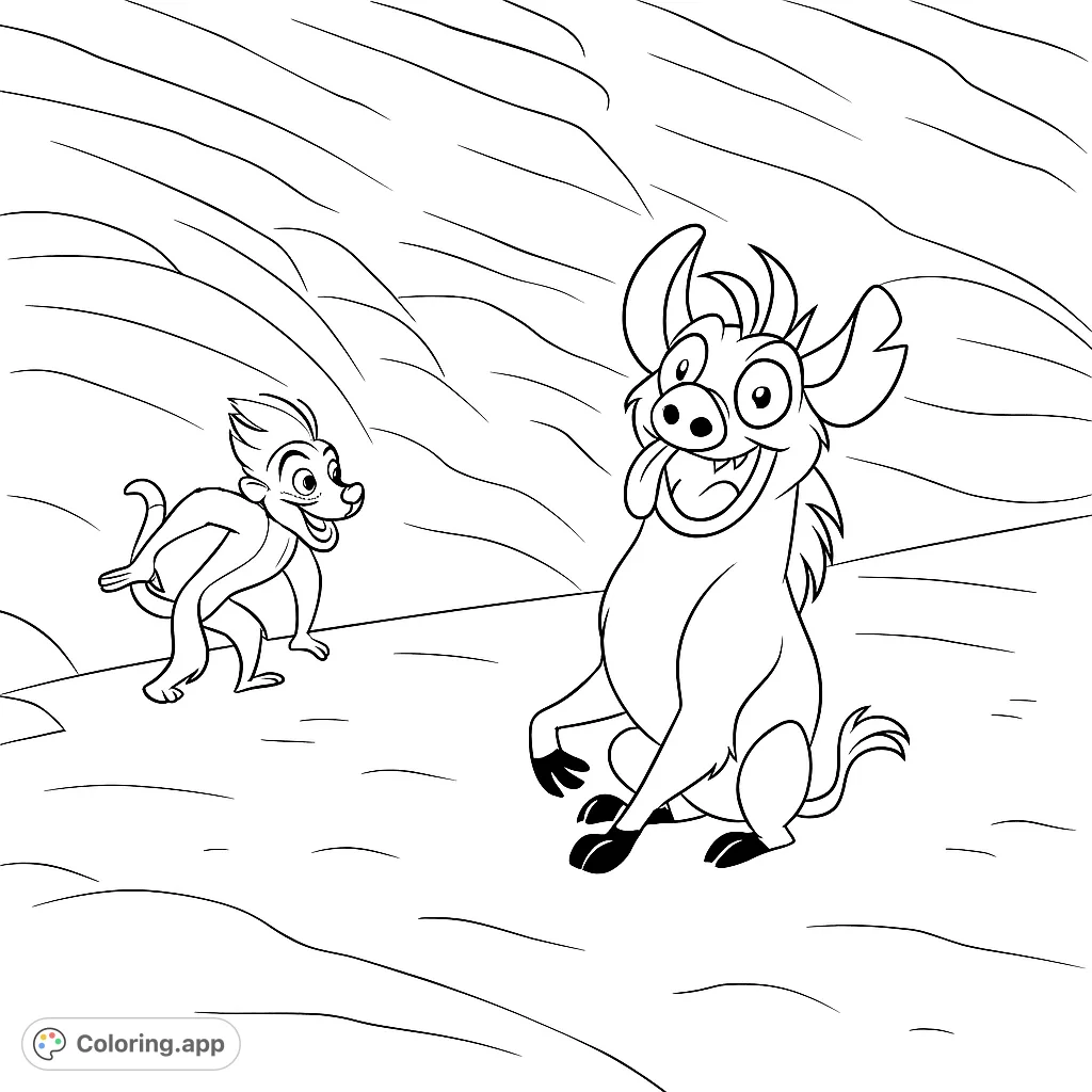 Join a playful cub and a goofy hyena in a rocky landscape. A fun, free printable animal adventure coloring page for kids and fans of animated animal stories.