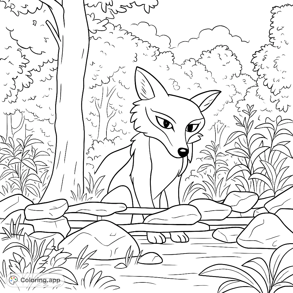 A clever fox sits amidst a woodland setting, eyeing a tempting spread of food. A fun and engaging animal coloring page for all ages.