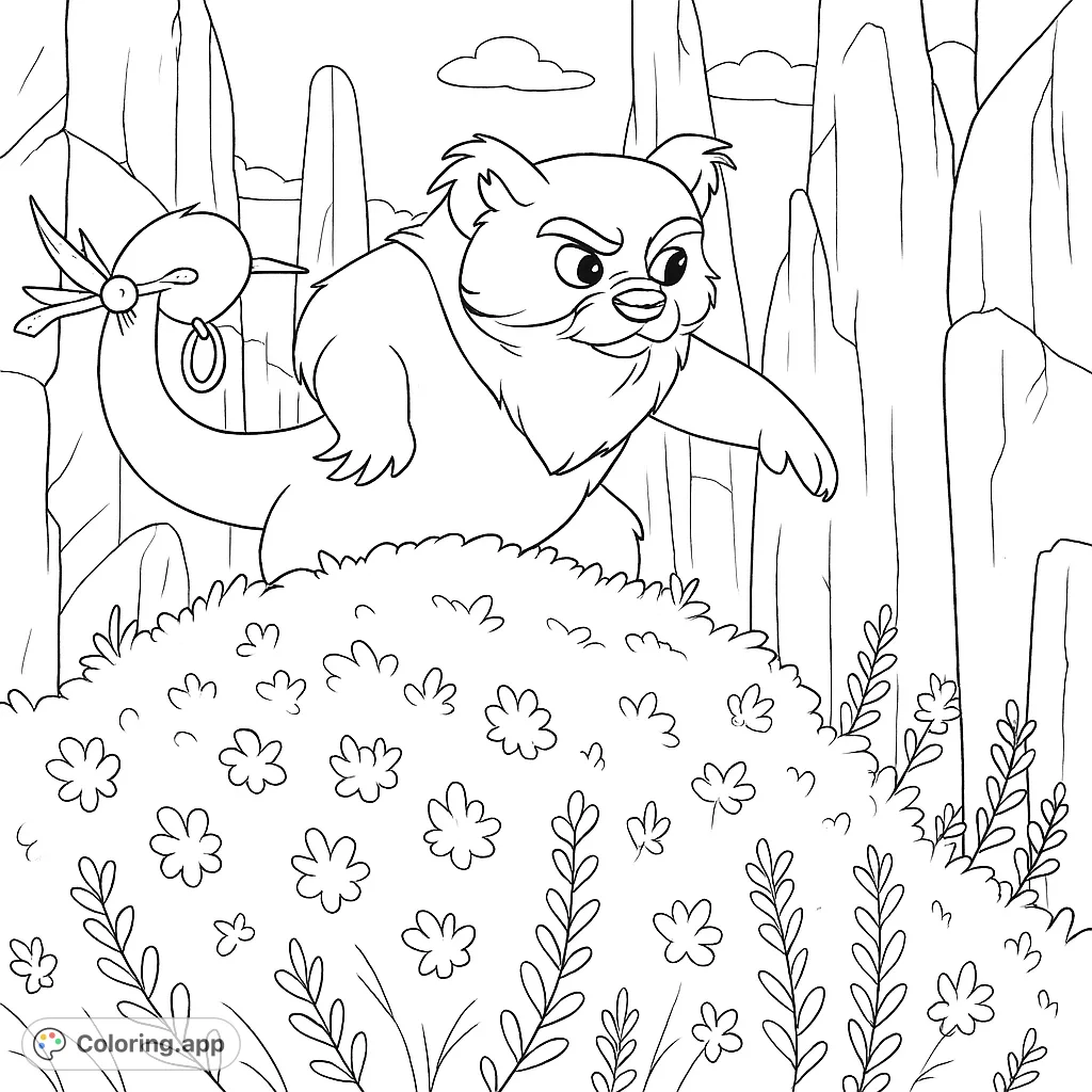 A captivating creature with a long tail and shaggy mane emerges from a dense plant cluster amidst towering rock formations, ready for your creative touch.