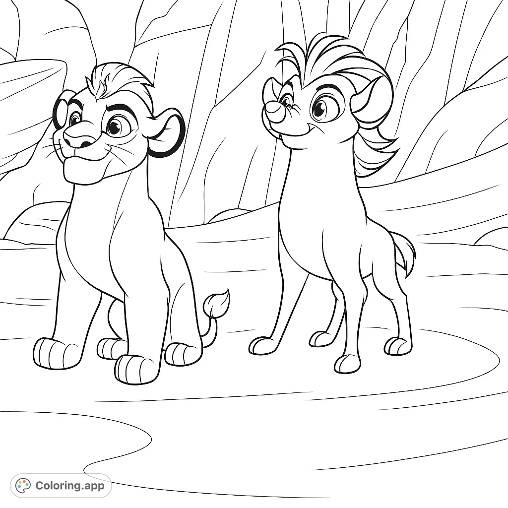 Two adorable animal cubs, a lion and a hyena, explore a rocky landscape. Perfect for young animal lovers to color and bring to life.