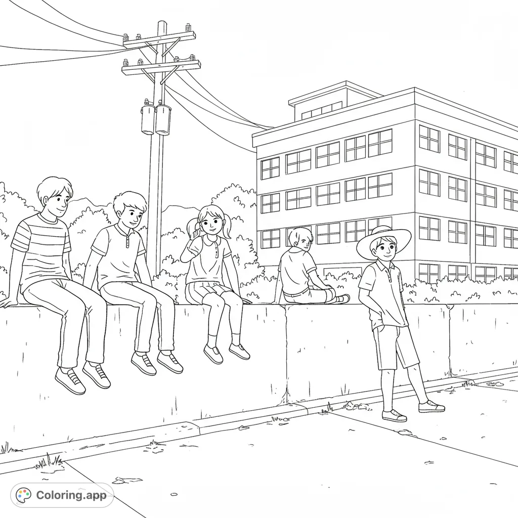 A detailed urban scene featuring four individuals relaxing on and around a concrete wall, with a multi-story building and utility pole in the background. Perfect for all ages.